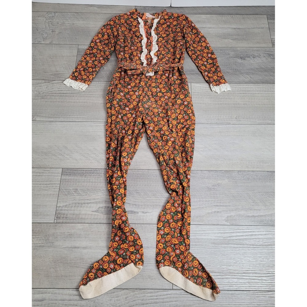 Vintage Jennifer Dale‎ Floral Footed Pajama Suit Women's 9 Lace Trim Cottagecore